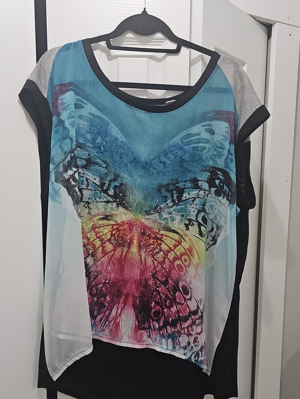 Cato Multicolor Butterfly Print Top with Silver Shoulder Accents